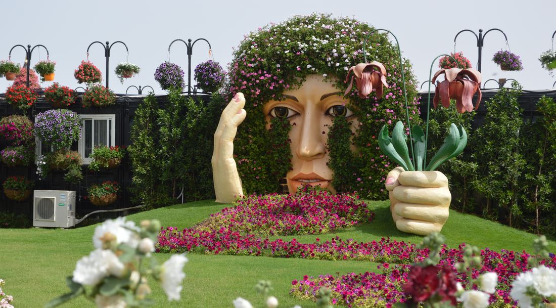 Wide view of flower displays at Dubai Miracle Garden